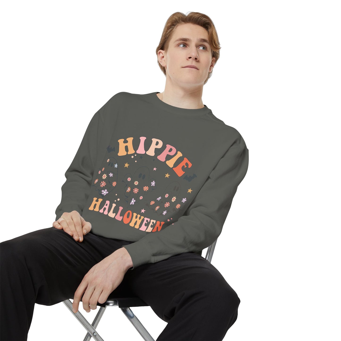 Hippie Halloween Sweatshirt - Cozy Unisex Garment-Dyed Pullover, Perfect for Fall Celebrations, Halloween Parties, and Casual Wear, [...]