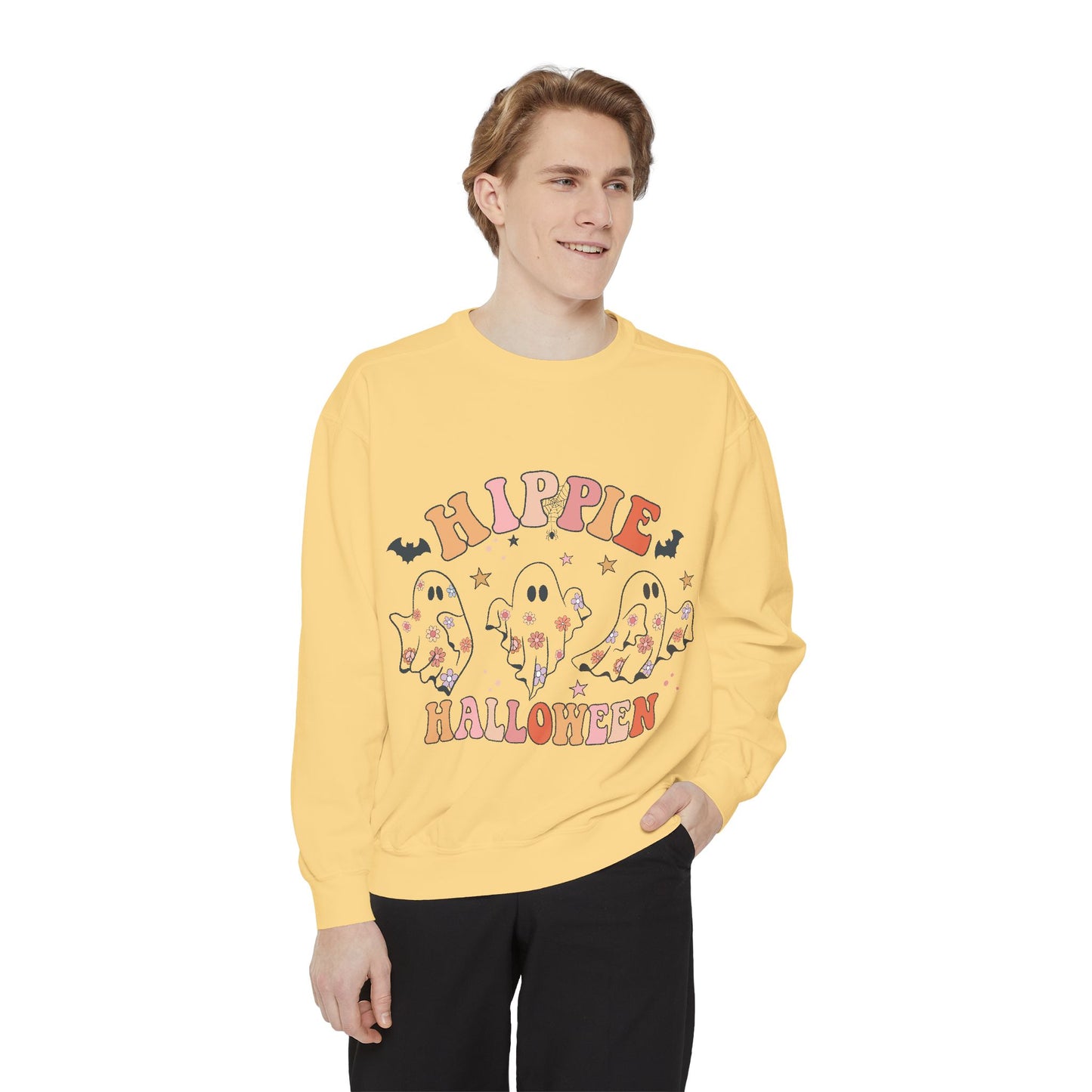 Hippie Halloween Sweatshirt - Cozy Unisex Garment-Dyed Pullover, Perfect for Fall Celebrations, Halloween Parties, and Casual Wear, [...]