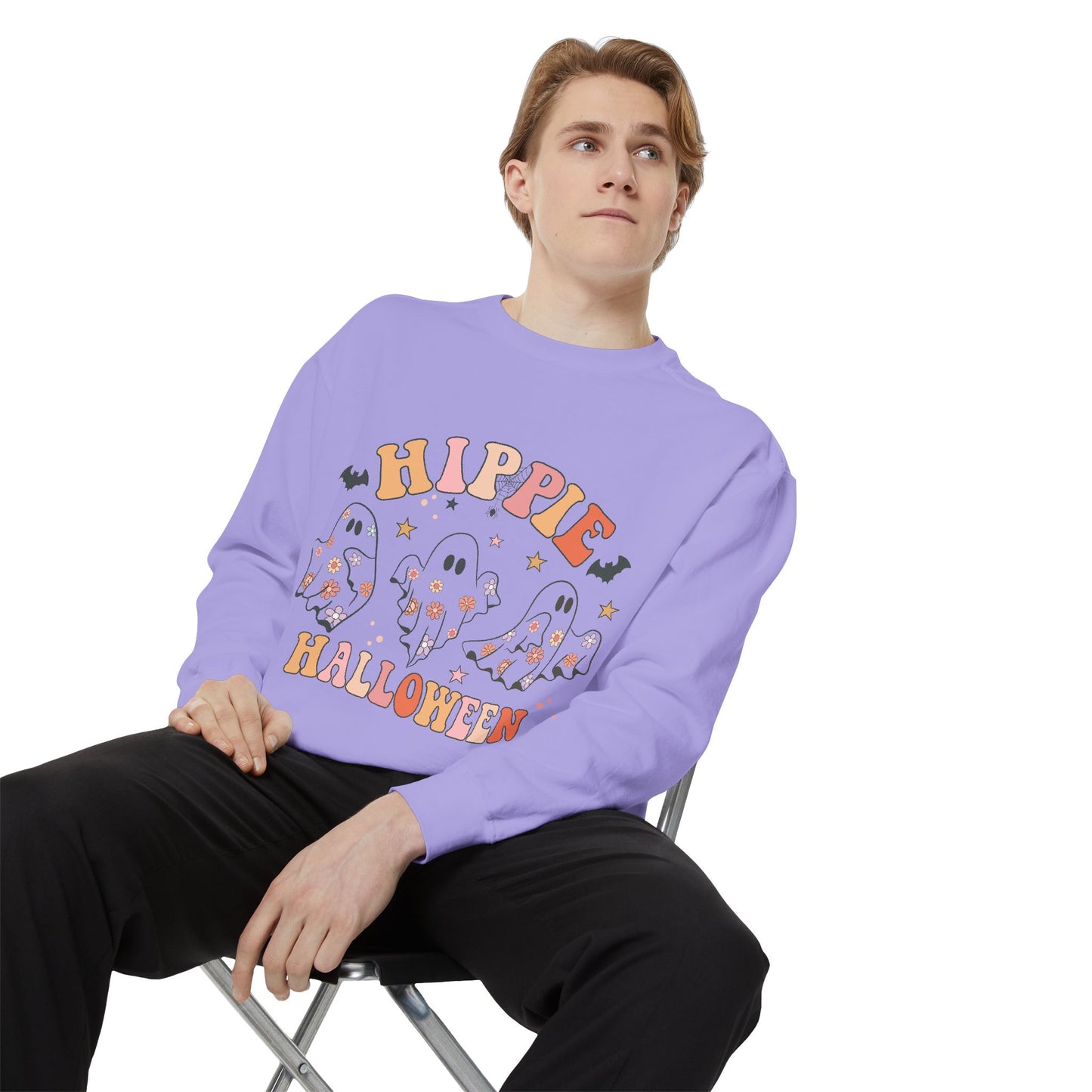 Hippie Halloween Sweatshirt - Cozy Unisex Garment-Dyed Pullover, Perfect for Fall Celebrations, Halloween Parties, and Casual Wear, [...]
