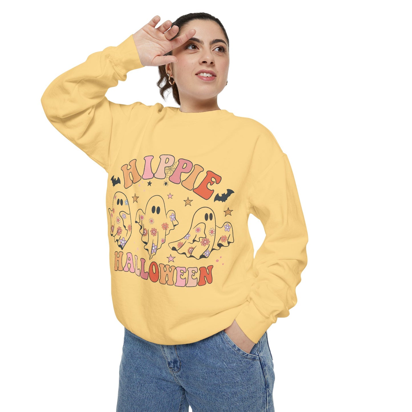 Hippie Halloween Sweatshirt - Cozy Unisex Garment-Dyed Pullover, Perfect for Fall Celebrations, Halloween Parties, and Casual Wear, [...]