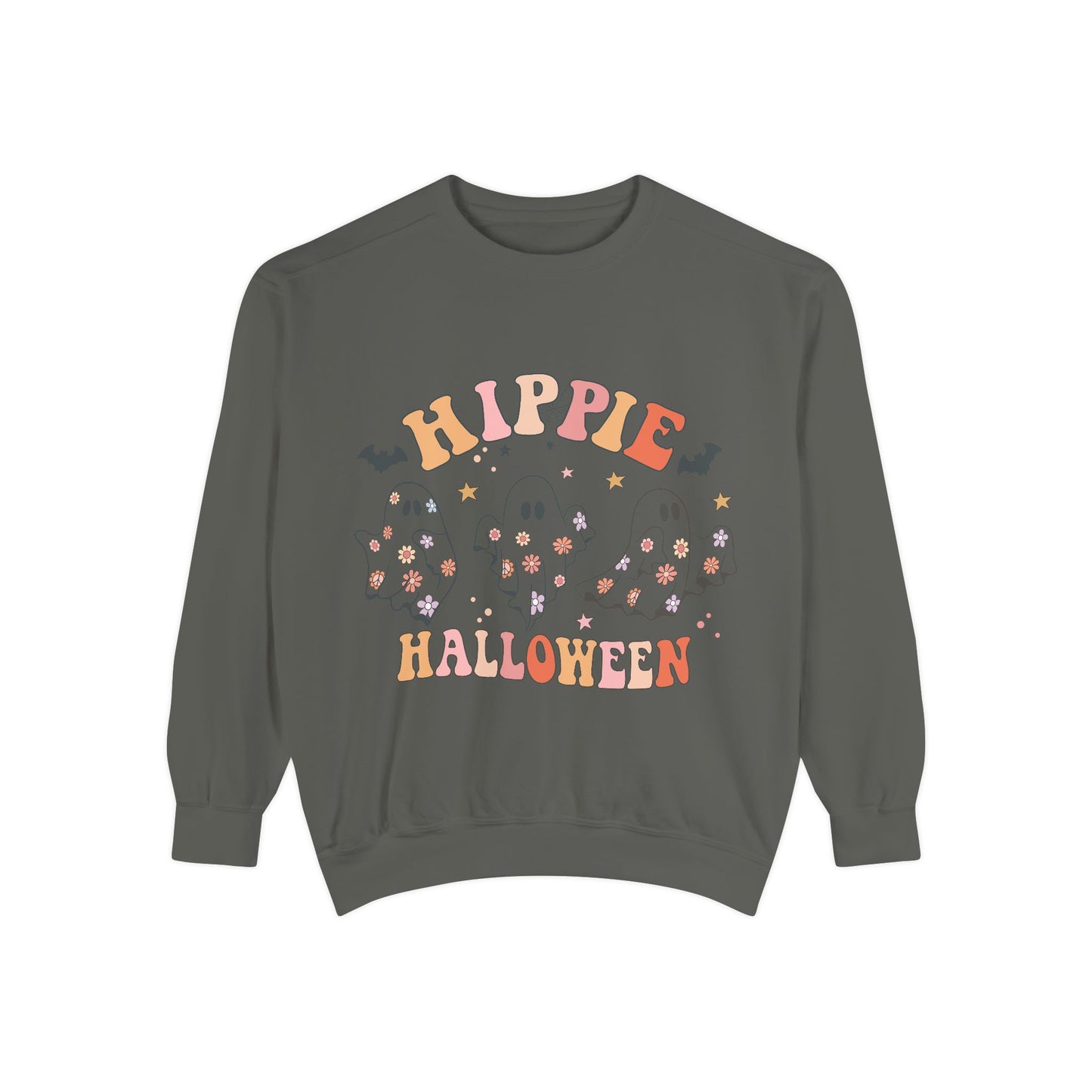Hippie Halloween Sweatshirt - Cozy Unisex Garment-Dyed Pullover, Perfect for Fall Celebrations, Halloween Parties, and Casual Wear, [...]