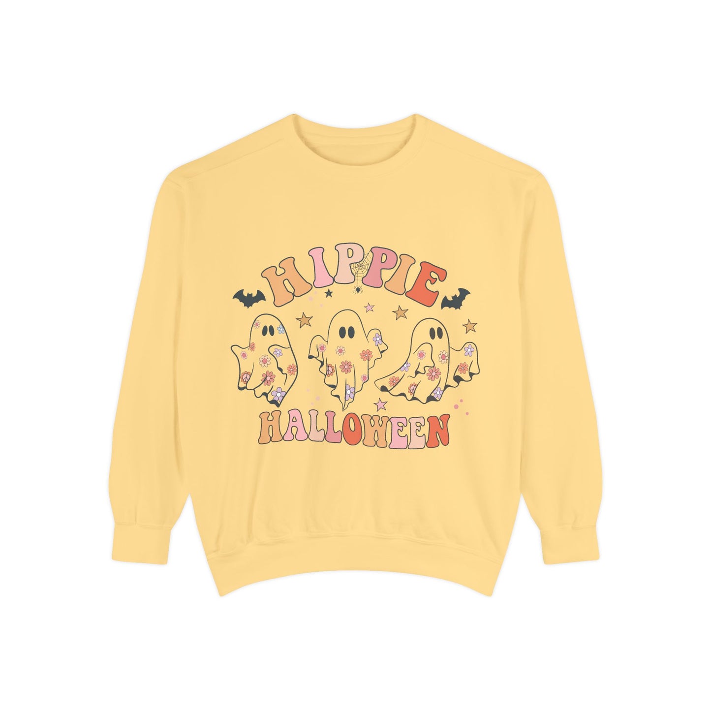 Hippie Halloween Sweatshirt - Cozy Unisex Garment-Dyed Pullover, Perfect for Fall Celebrations, Halloween Parties, and Casual Wear, [...]