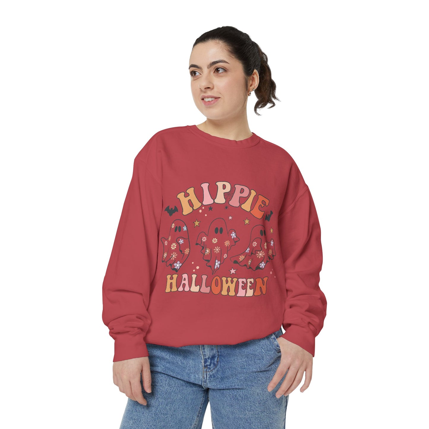 Hippie Halloween Sweatshirt - Cozy Unisex Garment-Dyed Pullover, Perfect for Fall Celebrations, Halloween Parties, and Casual Wear, [...]