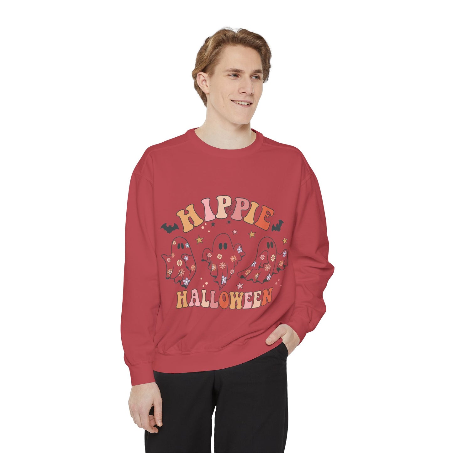 Hippie Halloween Sweatshirt - Cozy Unisex Garment-Dyed Pullover, Perfect for Fall Celebrations, Halloween Parties, and Casual Wear, [...]