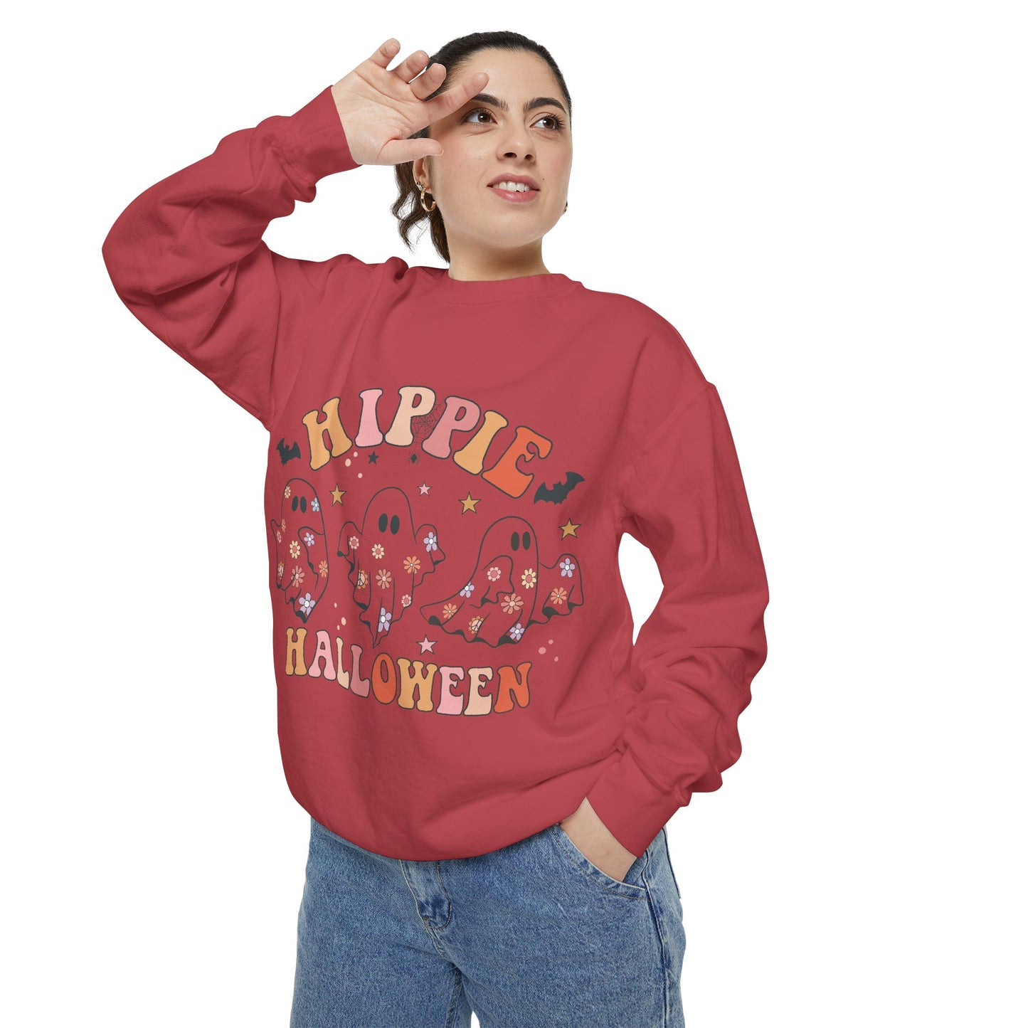 Hippie Halloween Sweatshirt - Cozy Unisex Garment-Dyed Pullover, Perfect for Fall Celebrations, Halloween Parties, and Casual Wear, [...]