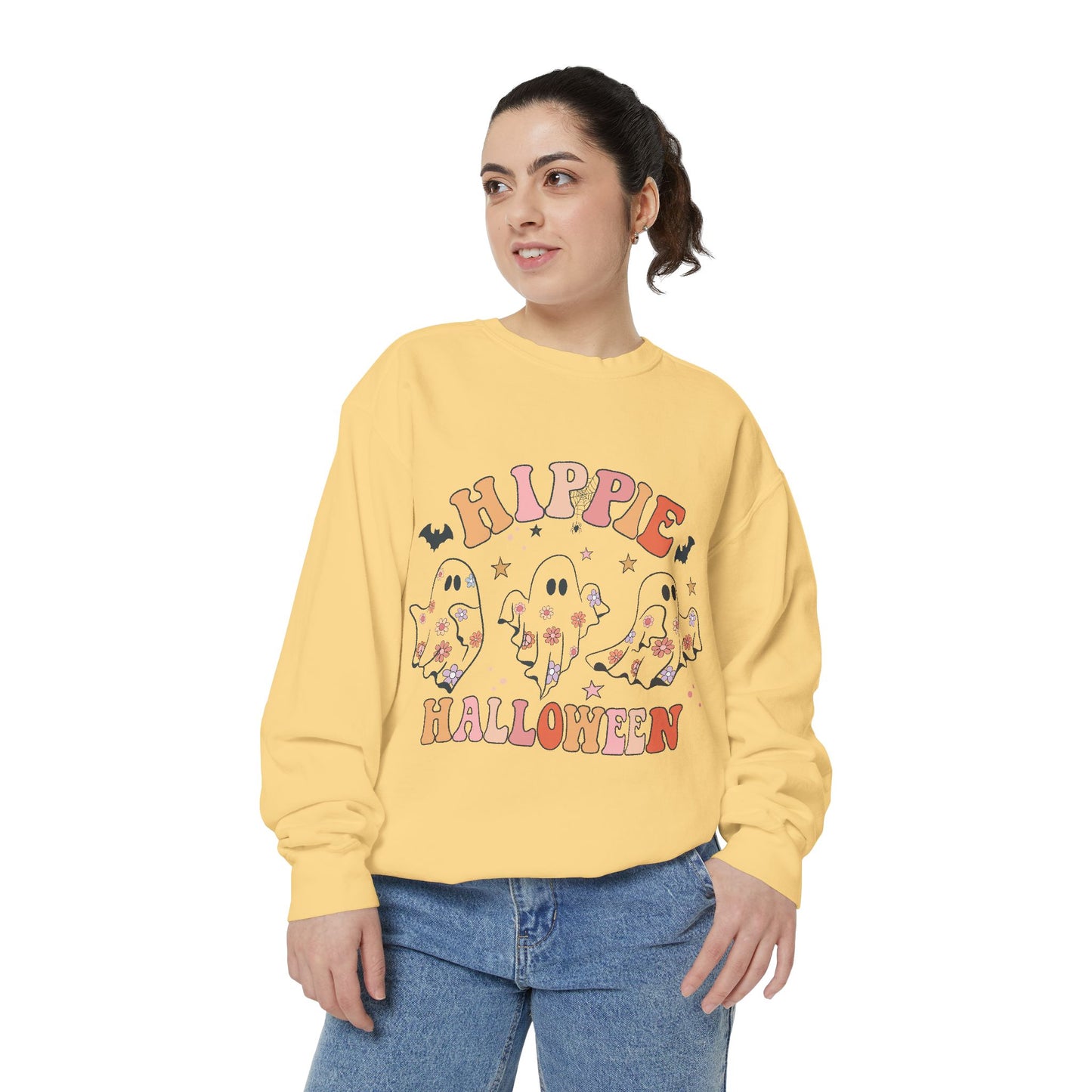 Hippie Halloween Sweatshirt - Cozy Unisex Garment-Dyed Pullover, Perfect for Fall Celebrations, Halloween Parties, and Casual Wear, [...]