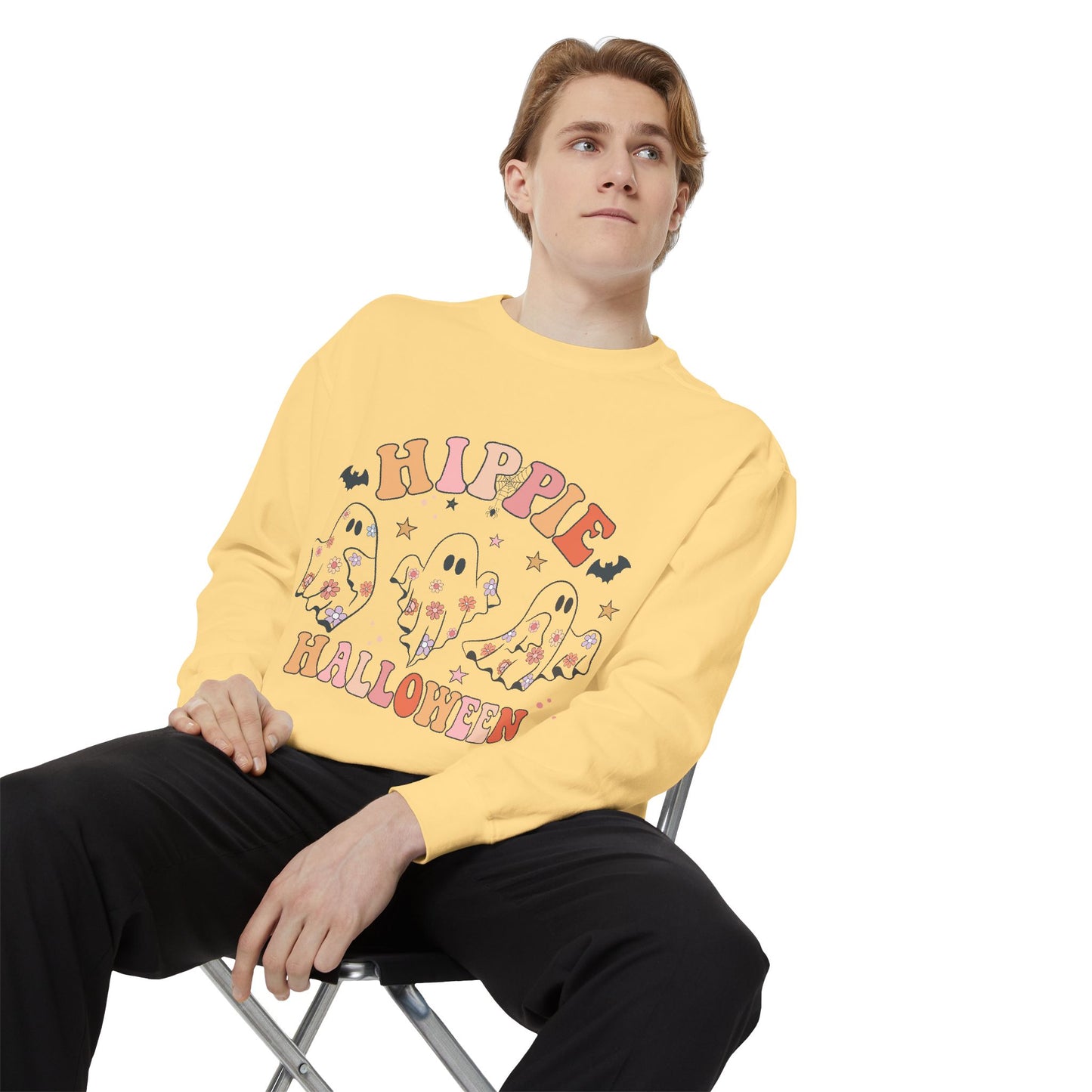 Hippie Halloween Sweatshirt - Cozy Unisex Garment-Dyed Pullover, Perfect for Fall Celebrations, Halloween Parties, and Casual Wear, [...]