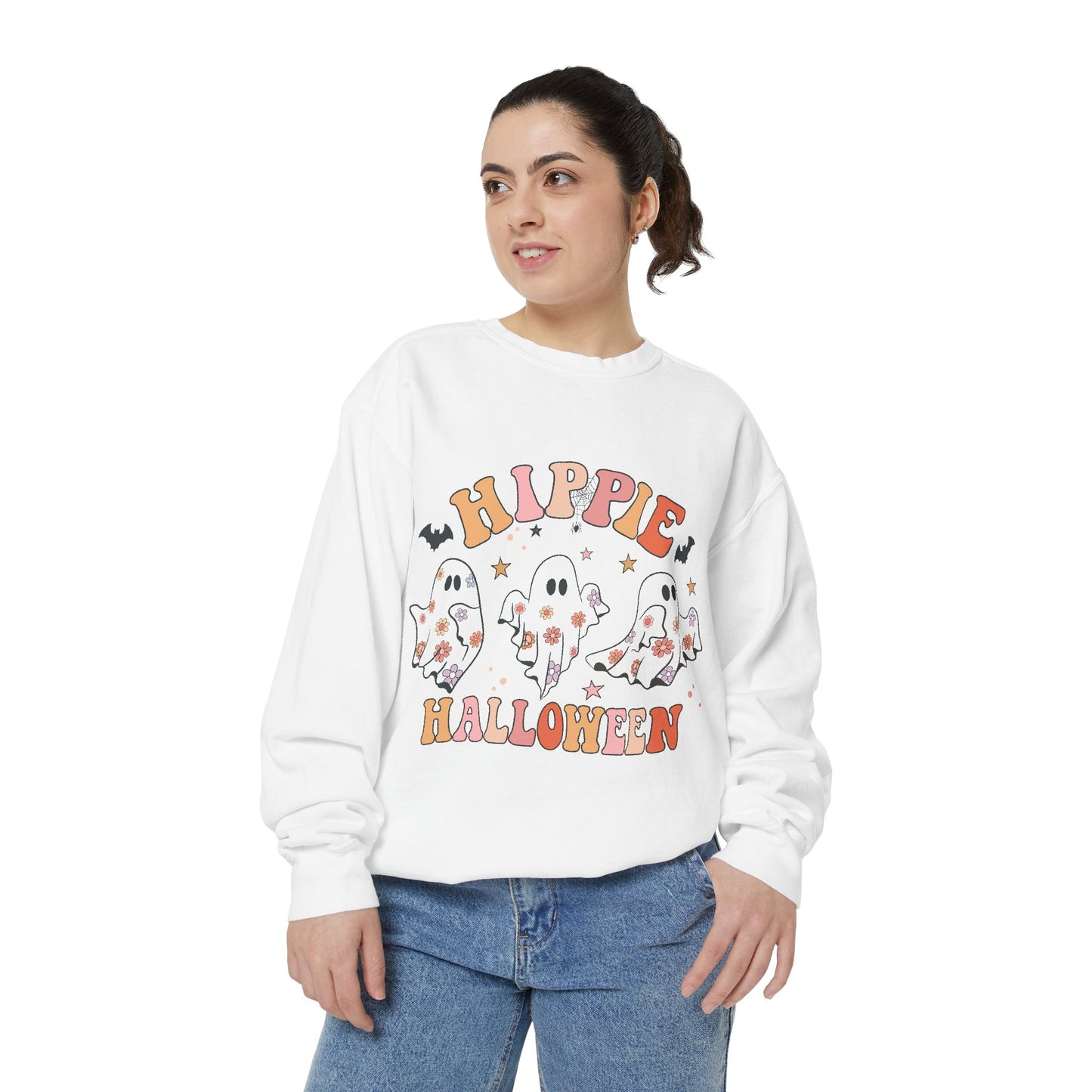 Hippie Halloween Sweatshirt - Cozy Unisex Garment-Dyed Pullover, Perfect for Fall Celebrations, Halloween Parties, and Casual Wear, [...]