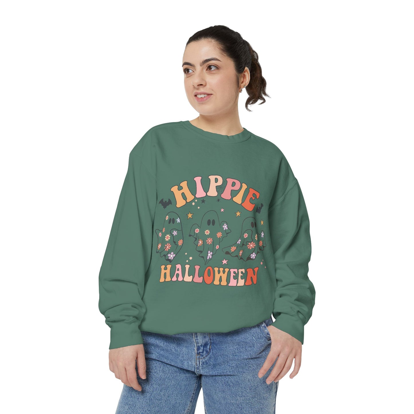 Hippie Halloween Sweatshirt - Cozy Unisex Garment-Dyed Pullover, Perfect for Fall Celebrations, Halloween Parties, and Casual Wear, [...]