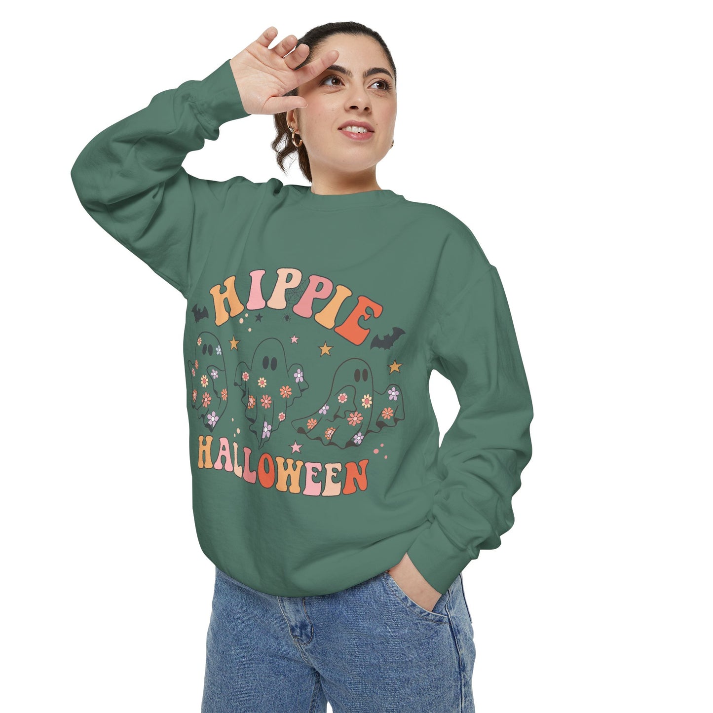 Hippie Halloween Sweatshirt - Cozy Unisex Garment-Dyed Pullover, Perfect for Fall Celebrations, Halloween Parties, and Casual Wear, [...]