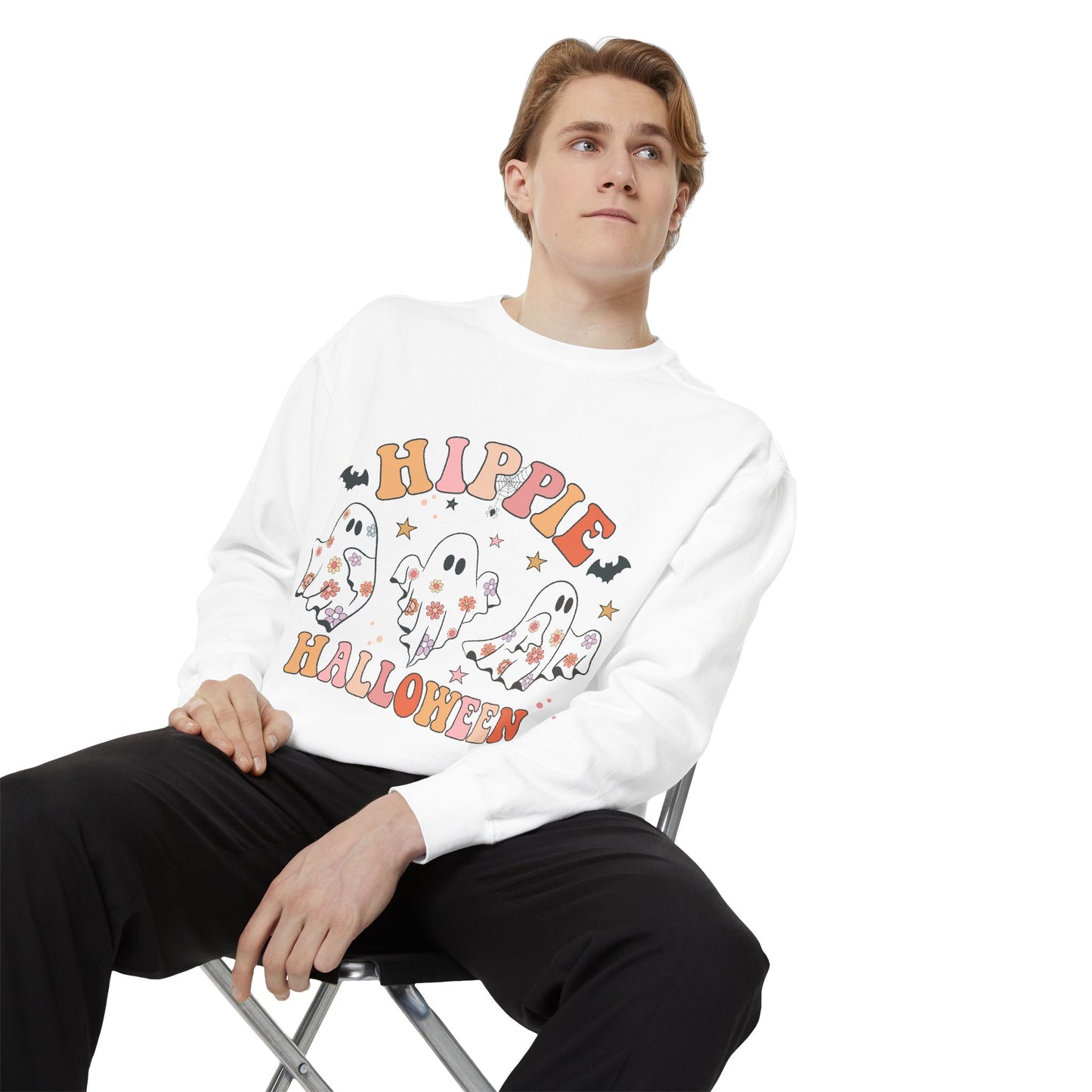 Hippie Halloween Sweatshirt - Cozy Unisex Garment-Dyed Pullover, Perfect for Fall Celebrations, Halloween Parties, and Casual Wear, [...]