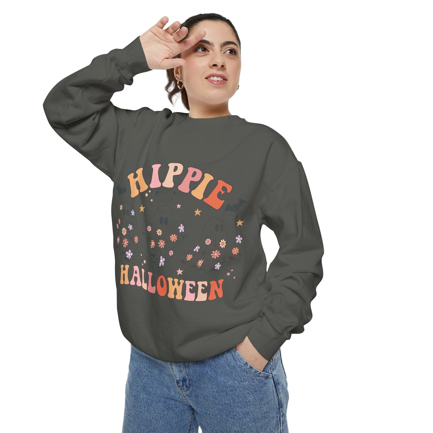 Hippie Halloween Sweatshirt - Cozy Unisex Garment-Dyed Pullover, Perfect for Fall Celebrations, Halloween Parties, and Casual Wear, [...]
