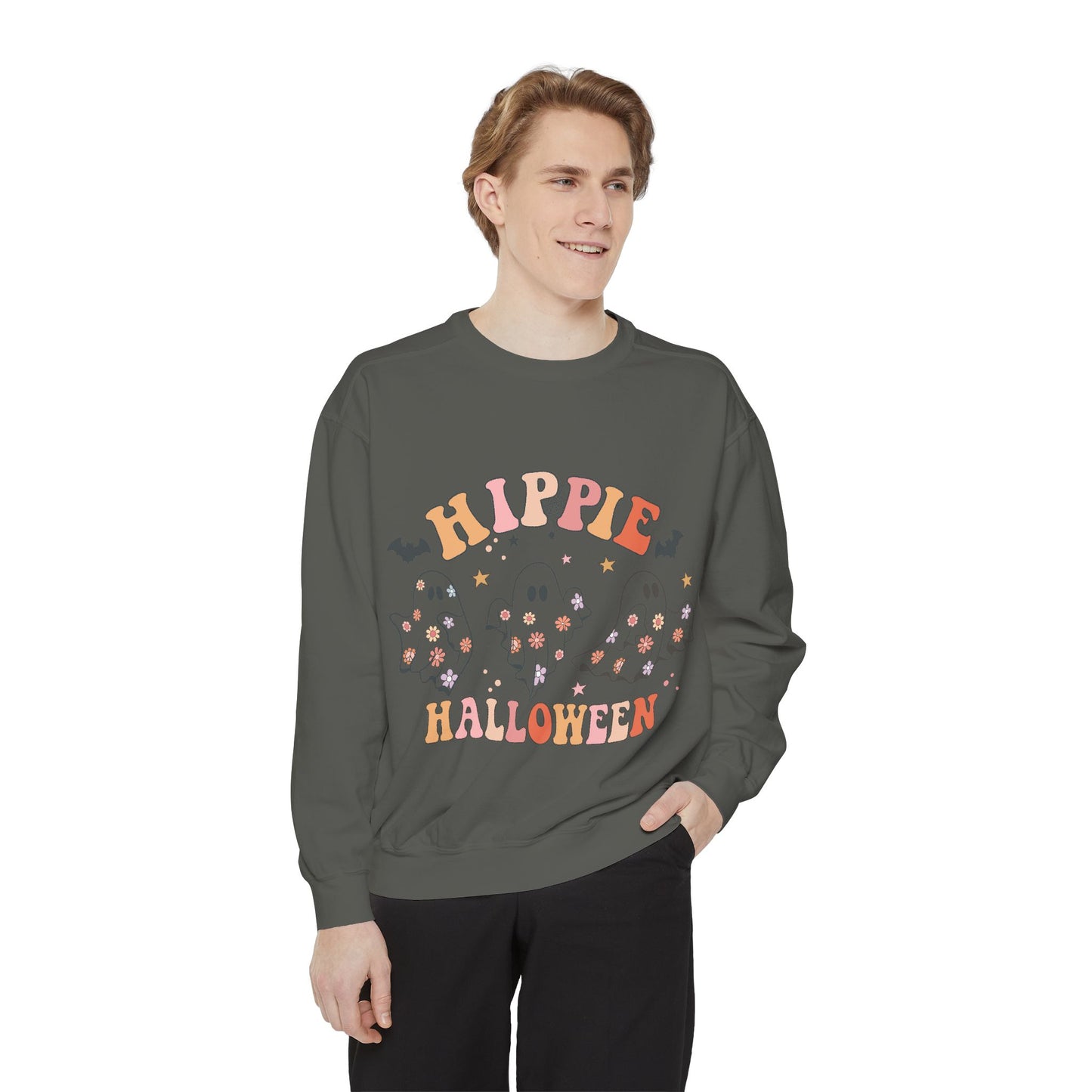 Hippie Halloween Sweatshirt - Cozy Unisex Garment-Dyed Pullover, Perfect for Fall Celebrations, Halloween Parties, and Casual Wear, [...]