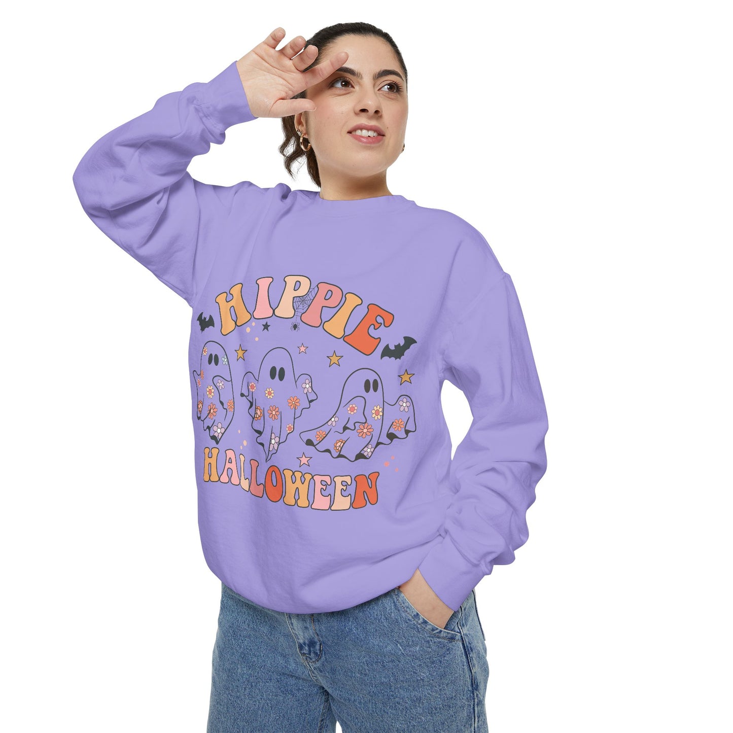 Hippie Halloween Sweatshirt - Cozy Unisex Garment-Dyed Pullover, Perfect for Fall Celebrations, Halloween Parties, and Casual Wear, [...]