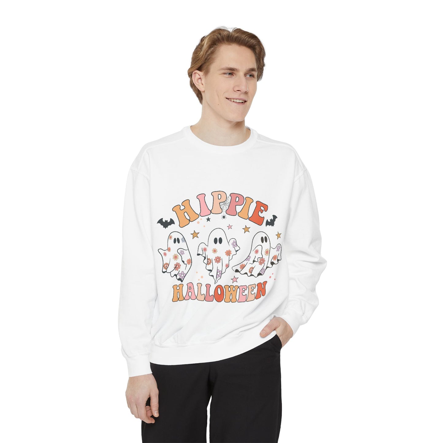 Hippie Halloween Sweatshirt - Cozy Unisex Garment-Dyed Pullover, Perfect for Fall Celebrations, Halloween Parties, and Casual Wear, [...]