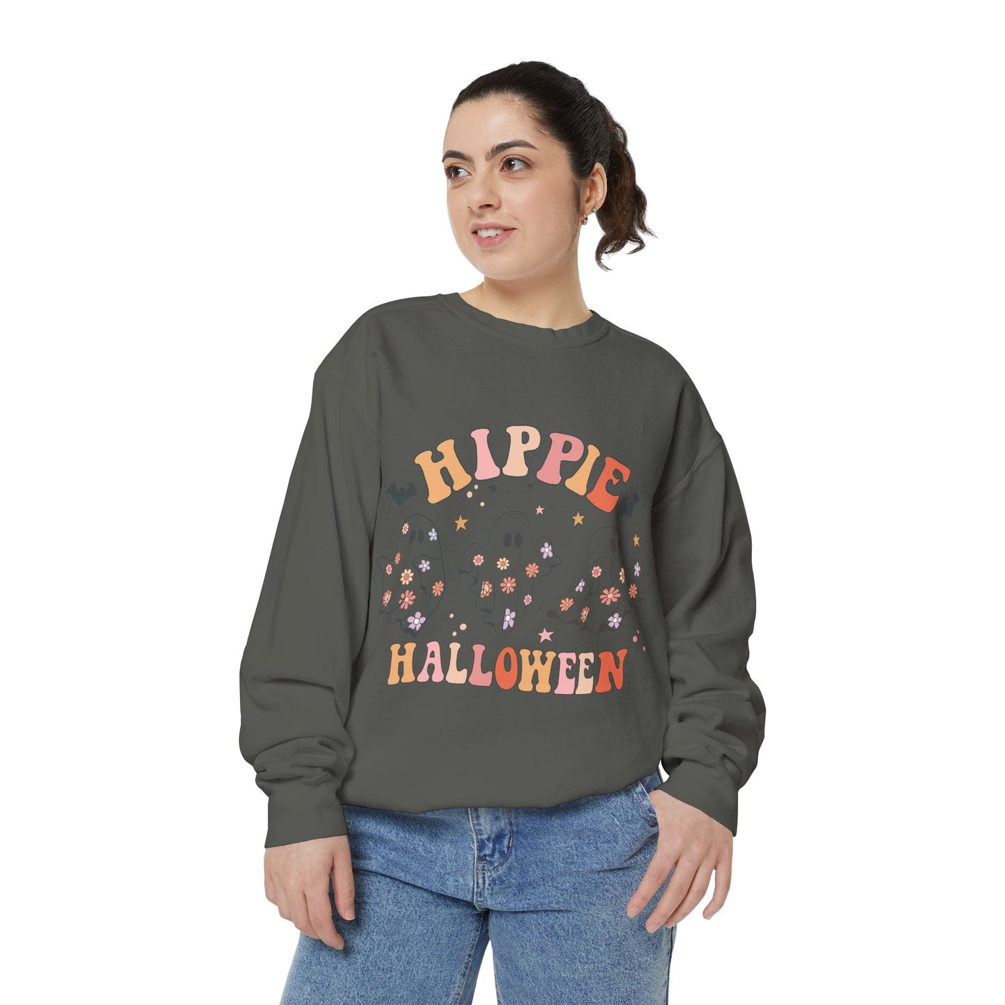 Hippie Halloween Sweatshirt - Cozy Unisex Garment-Dyed Pullover, Perfect for Fall Celebrations, Halloween Parties, and Casual Wear, [...]