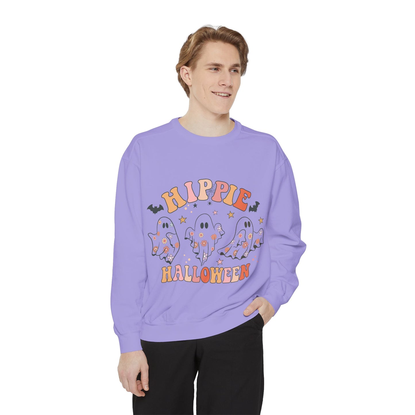 Hippie Halloween Sweatshirt - Cozy Unisex Garment-Dyed Pullover, Perfect for Fall Celebrations, Halloween Parties, and Casual Wear, [...]