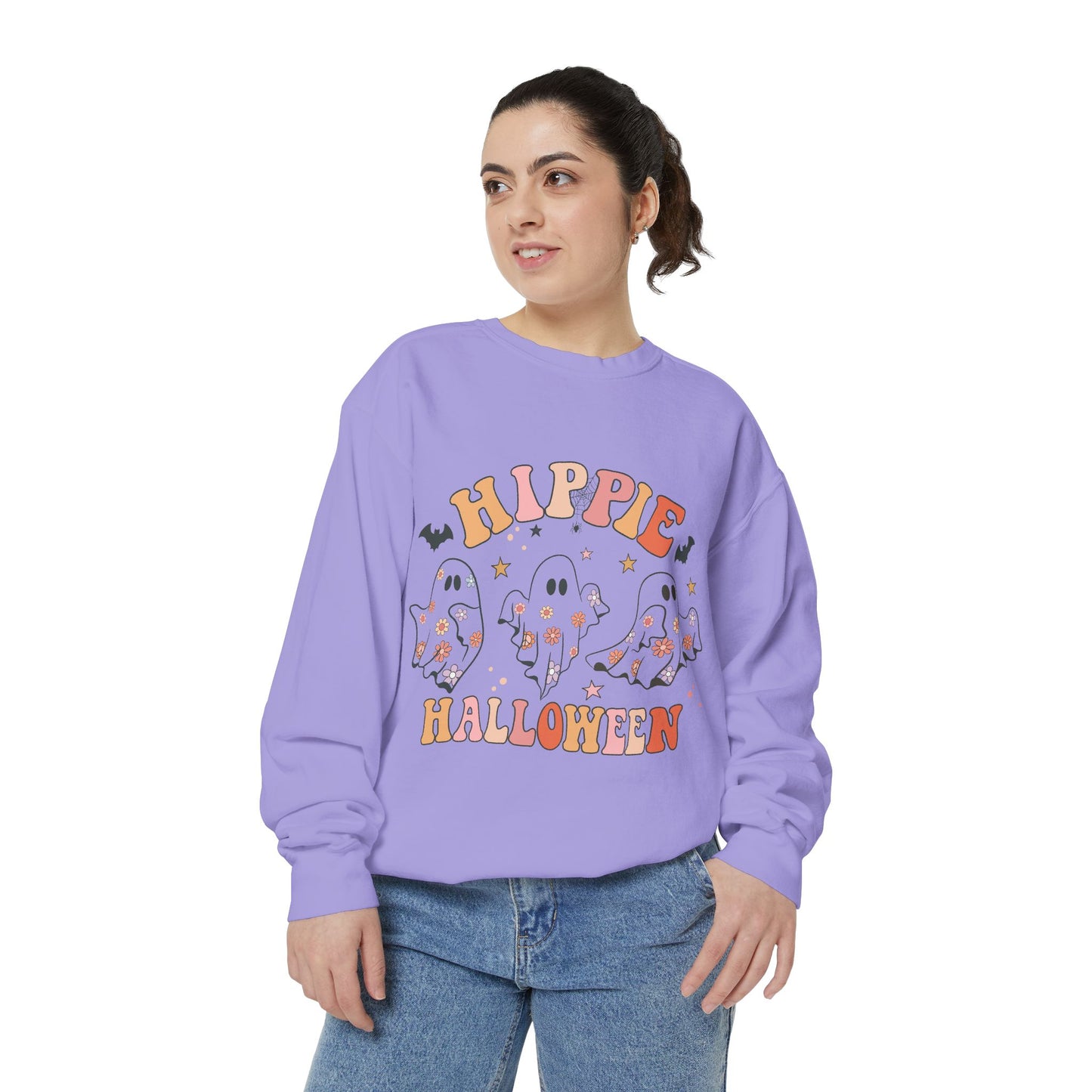 Hippie Halloween Sweatshirt - Cozy Unisex Garment-Dyed Pullover, Perfect for Fall Celebrations, Halloween Parties, and Casual Wear, [...]