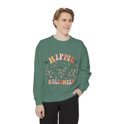 Hippie Halloween Sweatshirt - Cozy Unisex Garment-Dyed Pullover, Perfect for Fall Celebrations, Halloween Parties, and Casual Wear, [...]